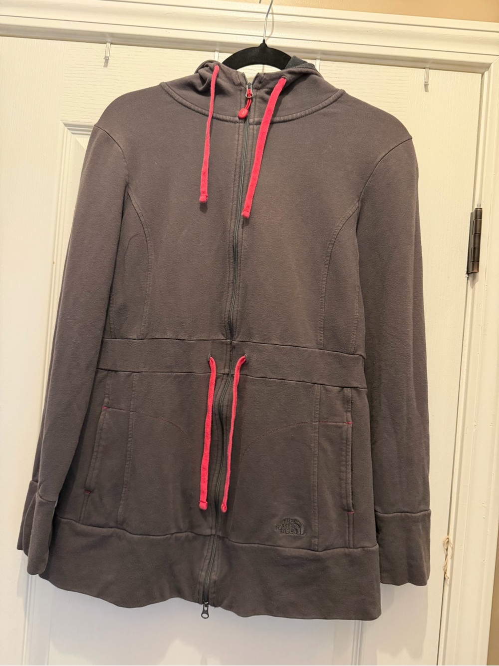 The North Face Women's Gray Hooded Zip-Up Jacket with Pink Drawcords